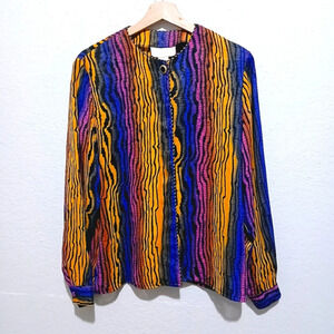 💚5/$25 JORDAN Vintage 80's Blouse Colorful Wavy Stripe Gold Braided Trim Medium